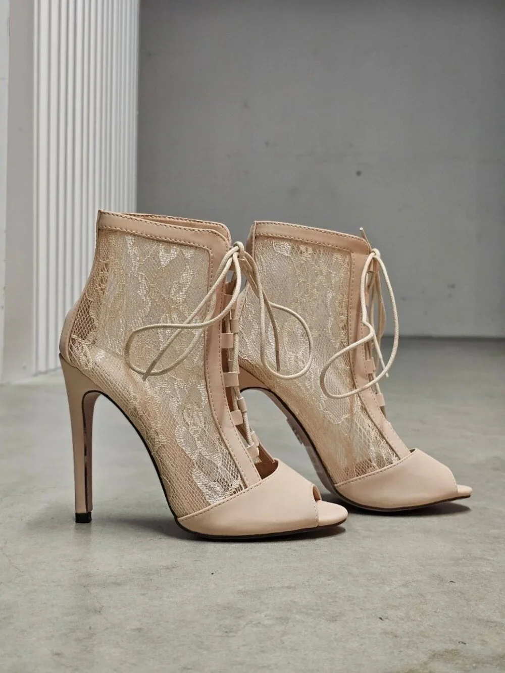 Peep Toe Lace-Up Stiletto Booties With Sheer Lace Panels Nude Beige High Heel An - Picture 11 of 12